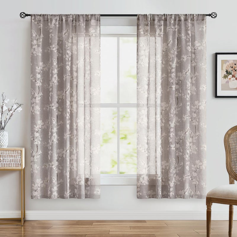 Fmfunctex Linen Sheer Curtains for Bedroom, Tan White Blossom Print Curtains 63 Inch Length for Living Room, Taupe Floral Patterned Farmhouse Curtain Light Filtering Window Drapes 2 Panels, Rod Pocket - Image 2